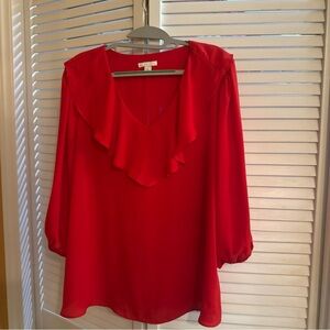 Chic Red Blouse with Ruffled Neckline